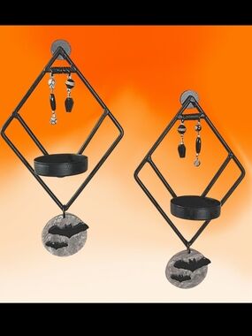 Set OOAK Cast Iron Halloween Wall Sconces Coffin Bats Moon Small Tealight Holder